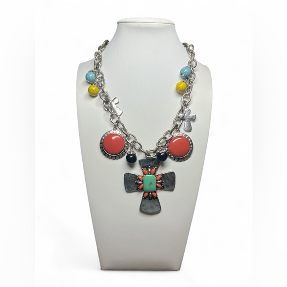 Funky Chunky Cross Necklace Western Bling Boho Silver‎ Tone Necklace Religious - Picture 1 of 3